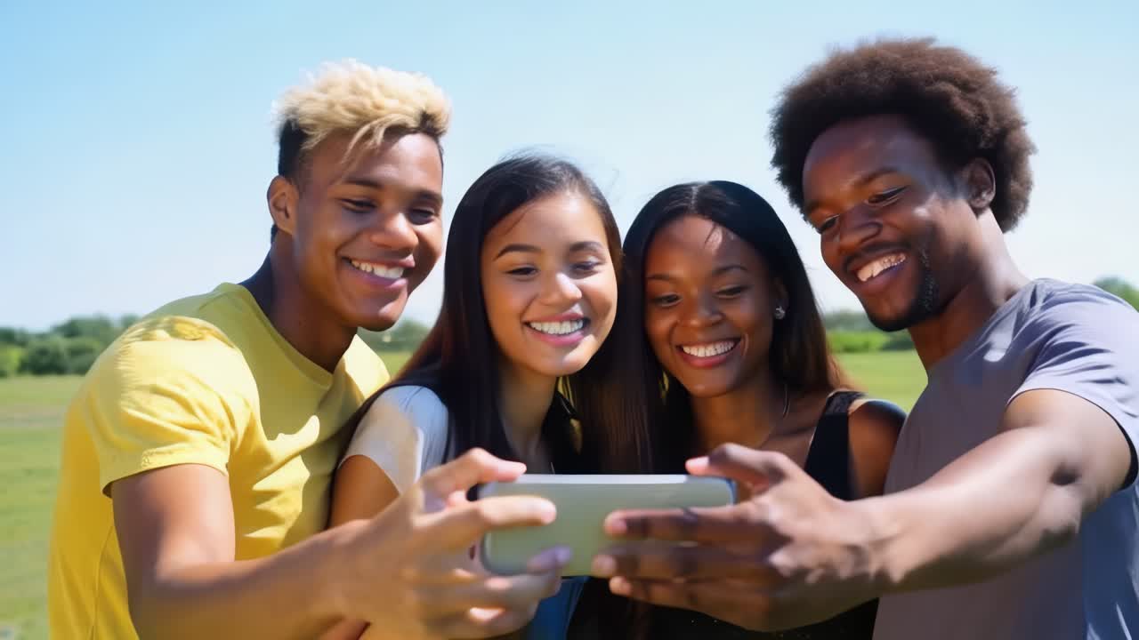 Multiracial friends taking selfie shot, smiling at camera in vacation