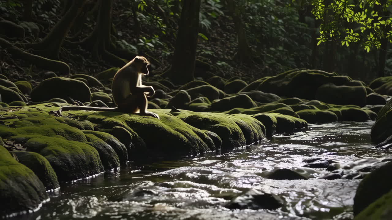 Monkey by a Stream in the Jungle