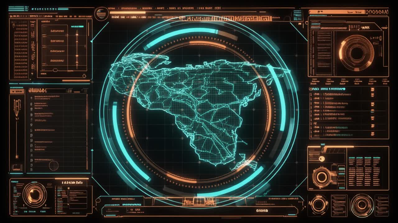 Futuristic Digital Map of Africa and South America on HUD Interface