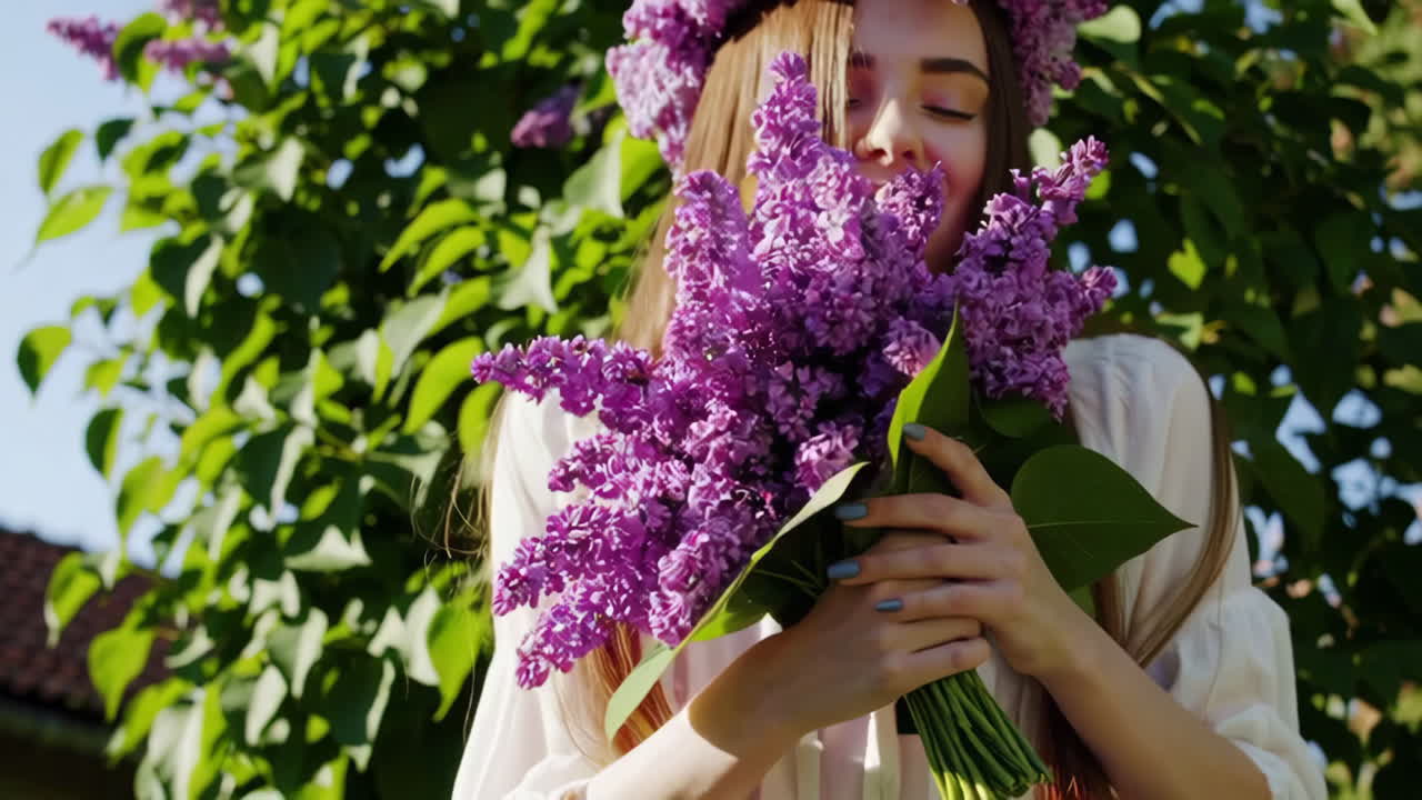 Young Woman Smelling Lilac Flowers with a Flower Crown