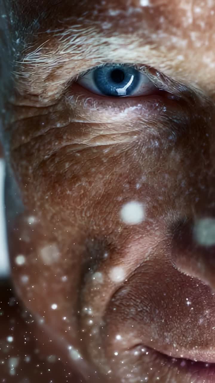 A Close-up Study of a Weathered Face with Striking Blue Eyes and Textured Skin, Enhanced by a Soft Snowfall Effect on the Surface, Capturing Grit and Character