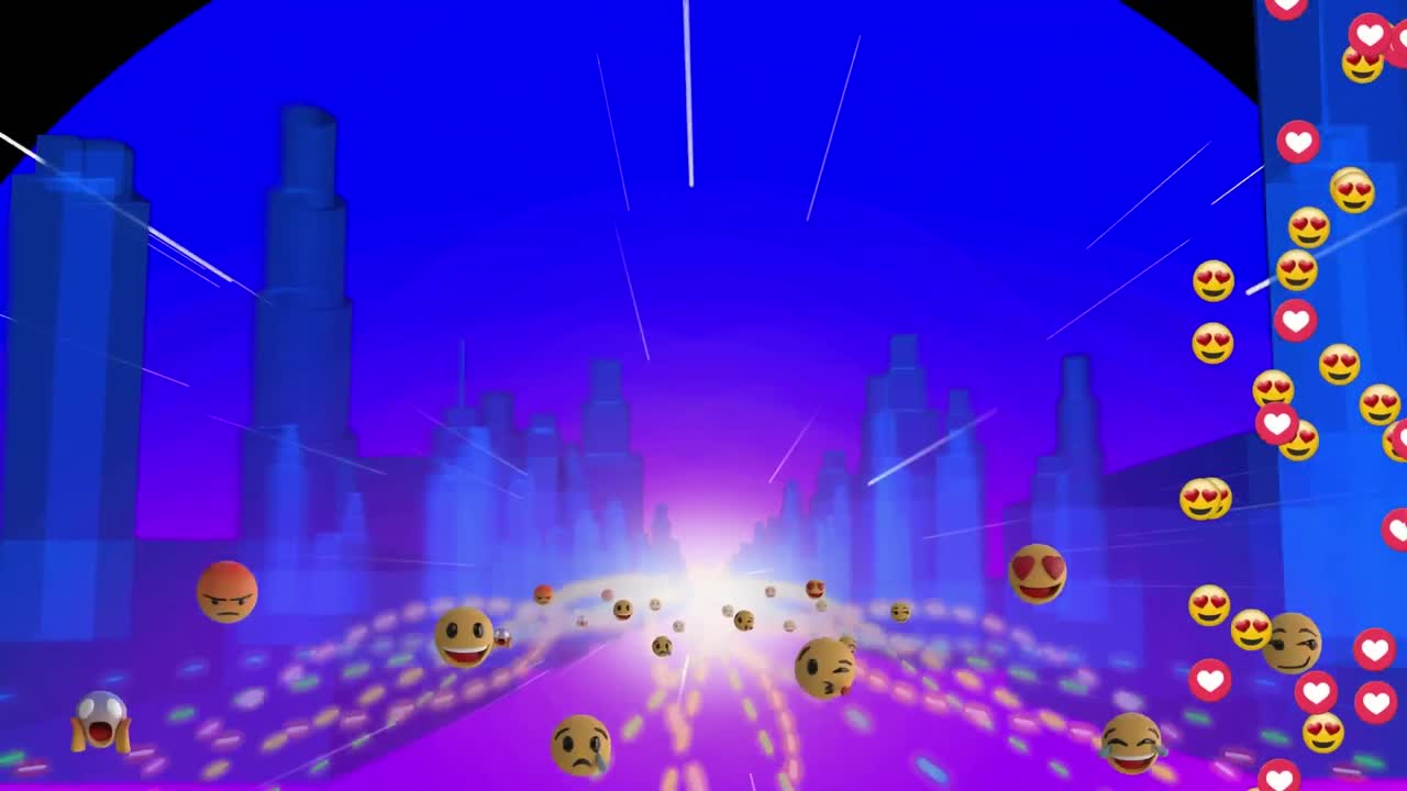 도시 풍경 위의 소셜 미디어 심장과 이모지 아이콘의 애니메이션