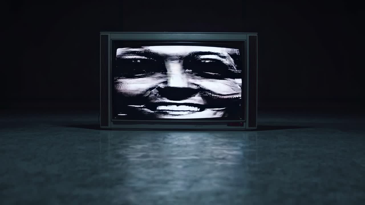 Una TV retrò con interferenze colorate sullo schermo, vista da un'angolazione bassa.
