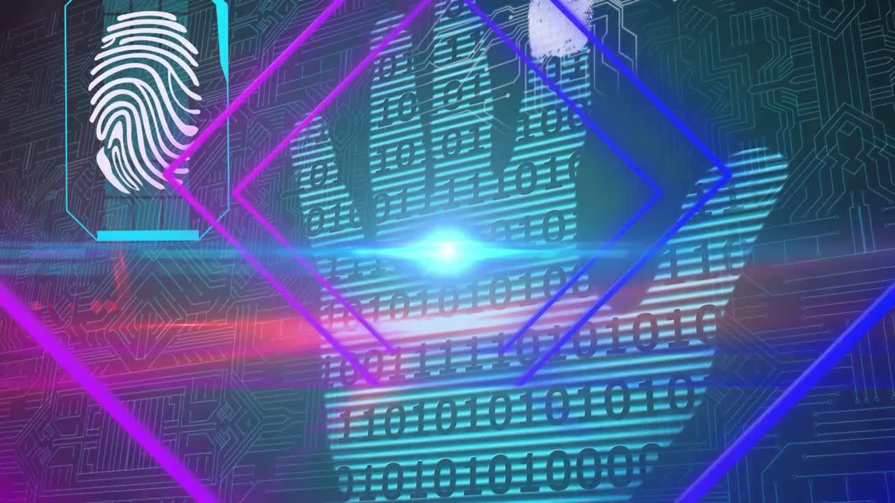 animación de formas hexagonales sobre escáner biométrico de huellas dactilares y conexiones de microprocesador