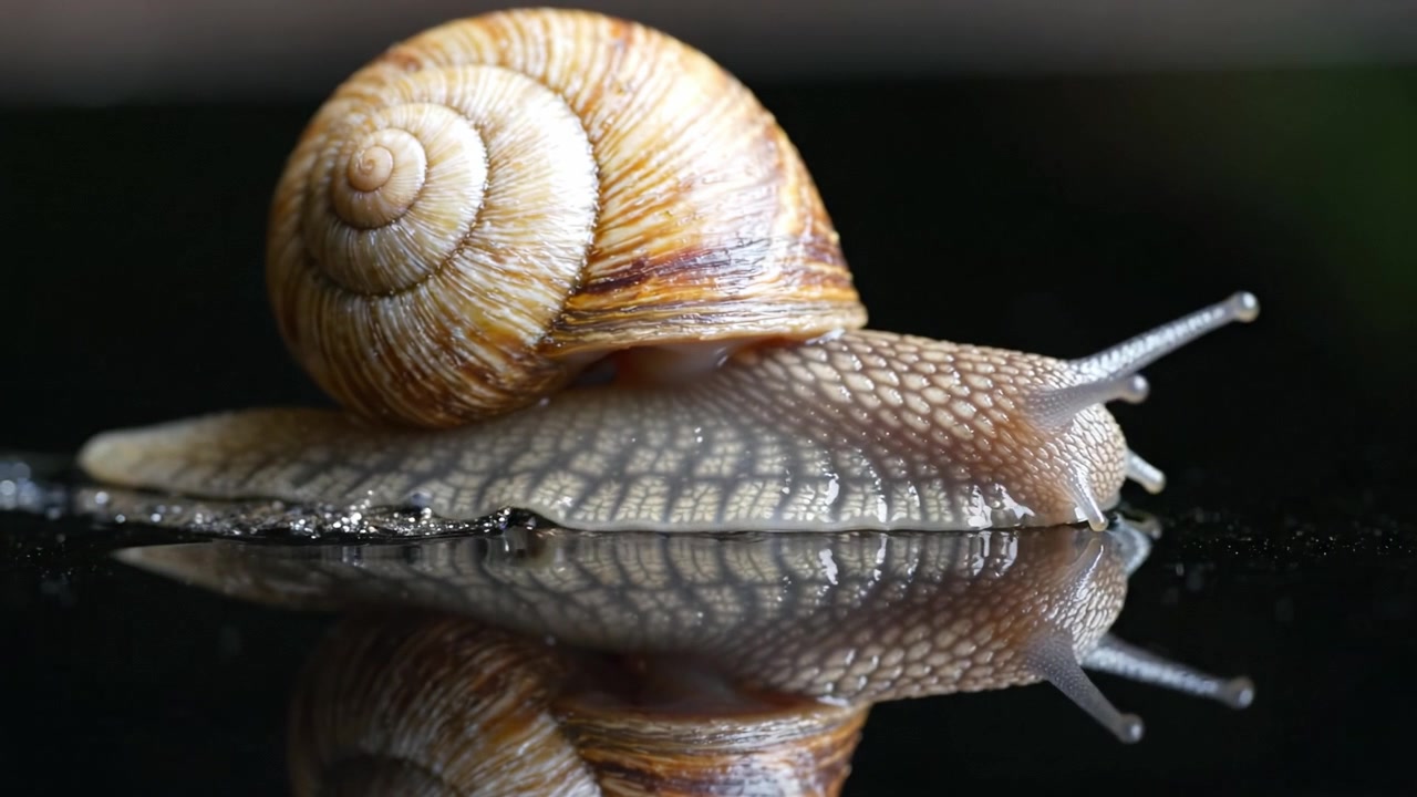 A Captivating Close-Up of a Snail Gliding Smoothly Across a Glossy Surface with Reflections Highlighting Its Intricate Shell Patterns and Slimy Texture