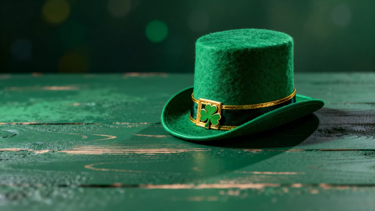 Zooming camera tracking frame shifting to green hat on studio table, showing shamrock, copy space