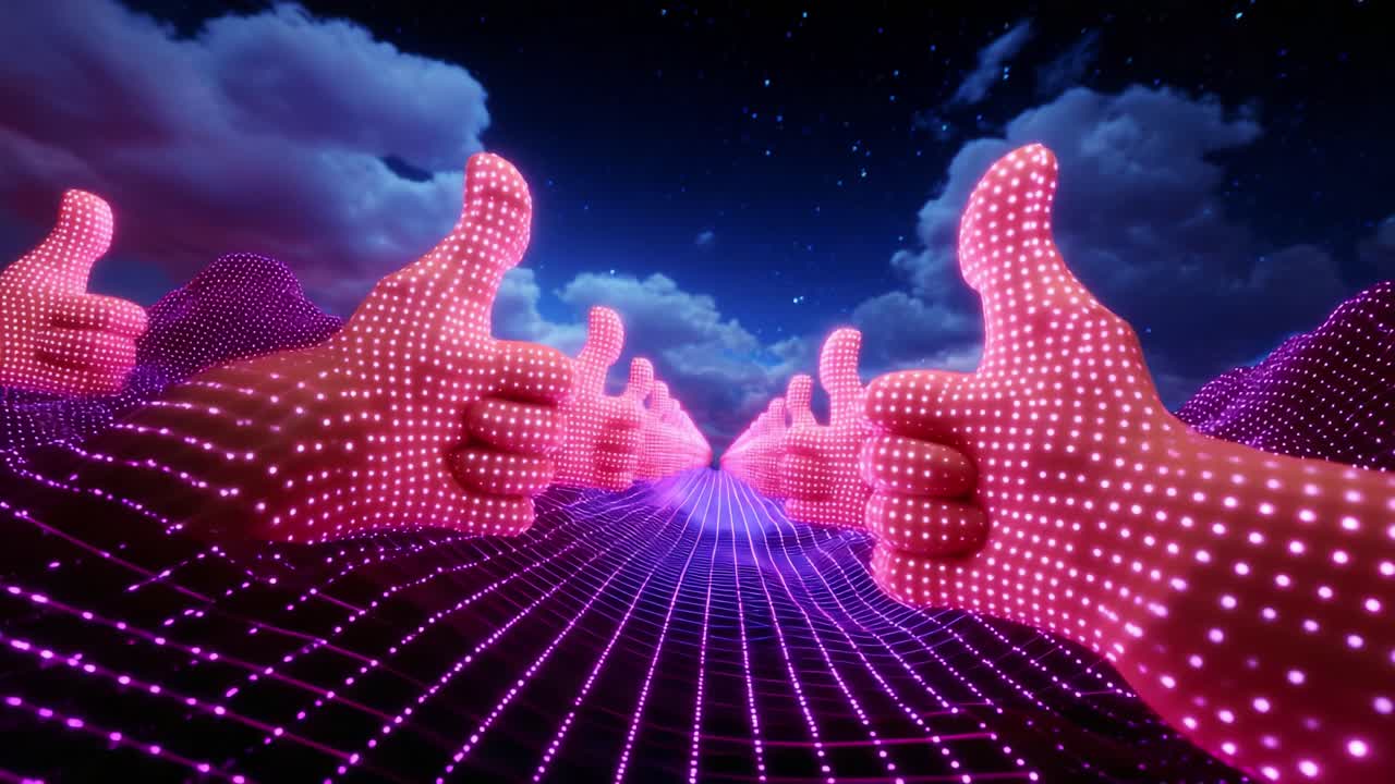 A mesmerizing digital landscape filled with glowing thumbs-up hands in a vibrant pink hue, illuminated against a dark sky, creates an inspiring and optimistic atmosphere, celebrating positivity in a surreal, virtual space