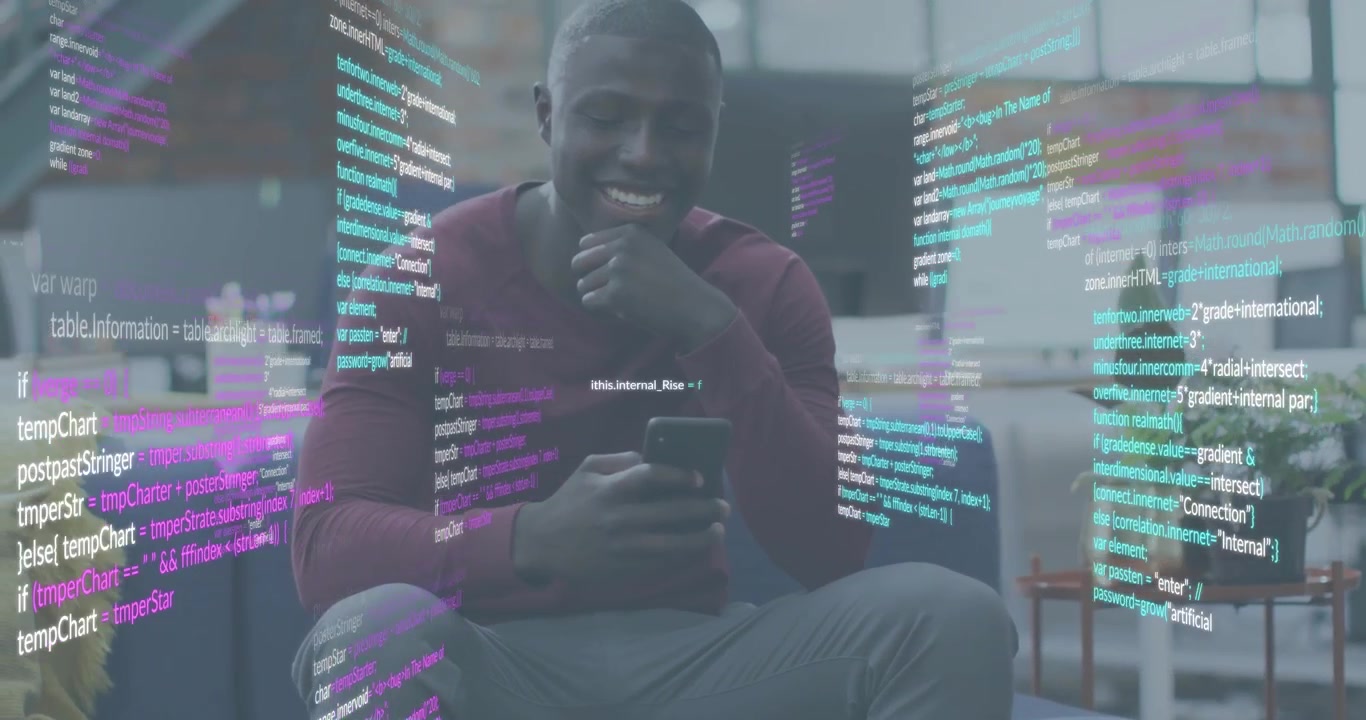 Developer picking smartphone tapping screen testing app, code streams drifting in coworking lounge