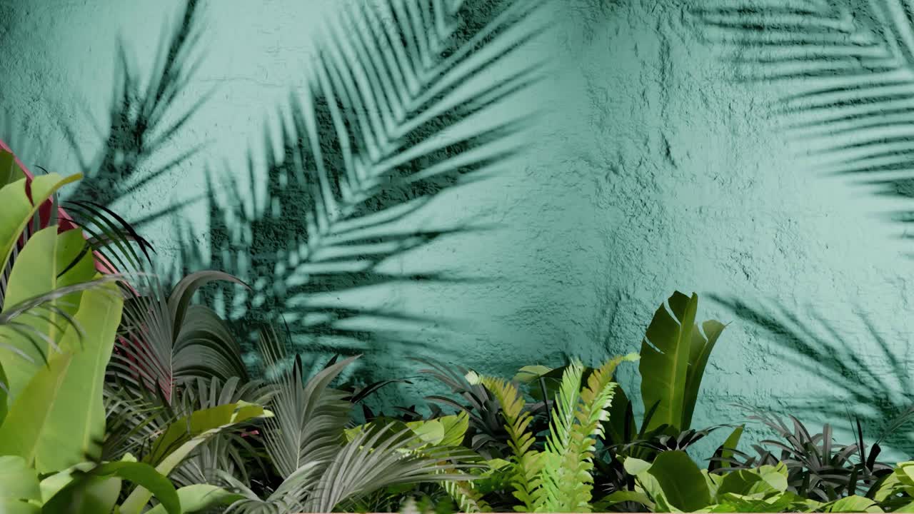 A Tropical green plants casting palm leaf shadows on textured blue wall. Botanical outdoor photography. Nature, foliage, and tropical garden design concept. Design for wallpaper, banner