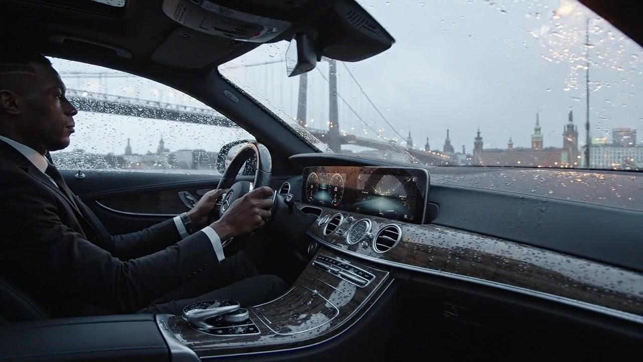 En mand kører et luksuriøst køretøj gennem et regnfuldt bybillede, der viser elegant interiørdesign og en stemningsfuld atmosfære, mens han navigerer i bylandskabet