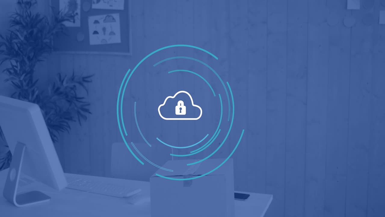 Animation of cloud with padlock and financial data processing over office