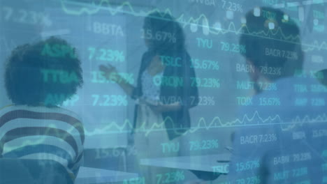 animation of financial data processing over diverse business people in office