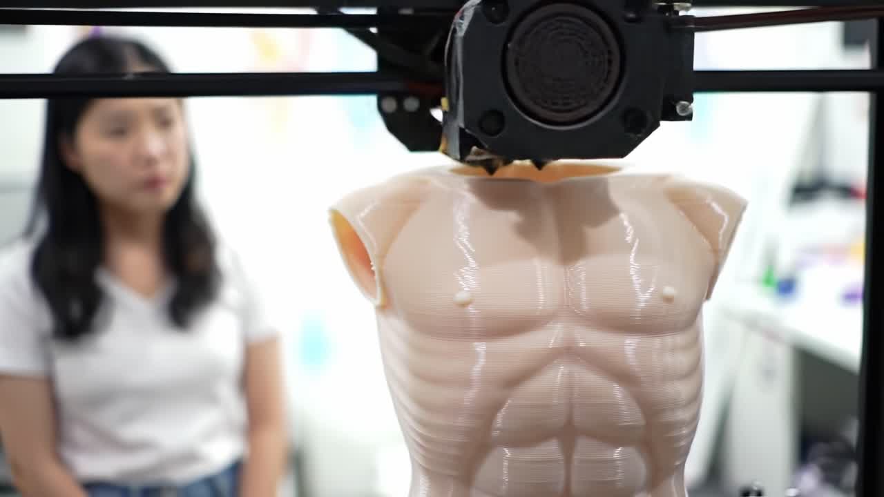 Exploring the Intricacies of 3D Printing: A Close-Up on a Human Muscle Structure Being Printed with Precision and Care in the Background of an Engaged Observer