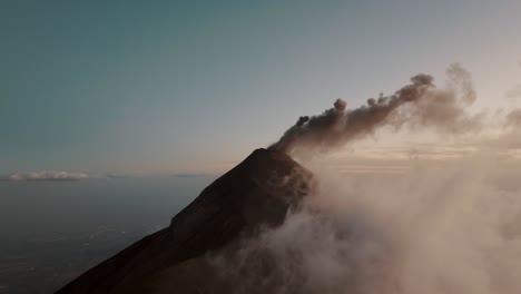 aerial of fuego volcano with volcanic activity in guatemala