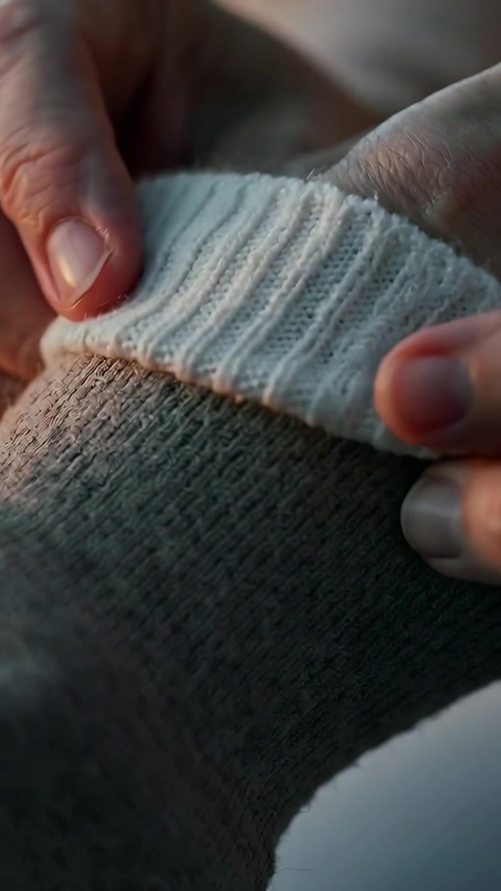 Video verticale: Mani che afferrano e tirano un polsino a coste bianco sopra un calzino di maglia grigio a casa, allineando la cucitura.