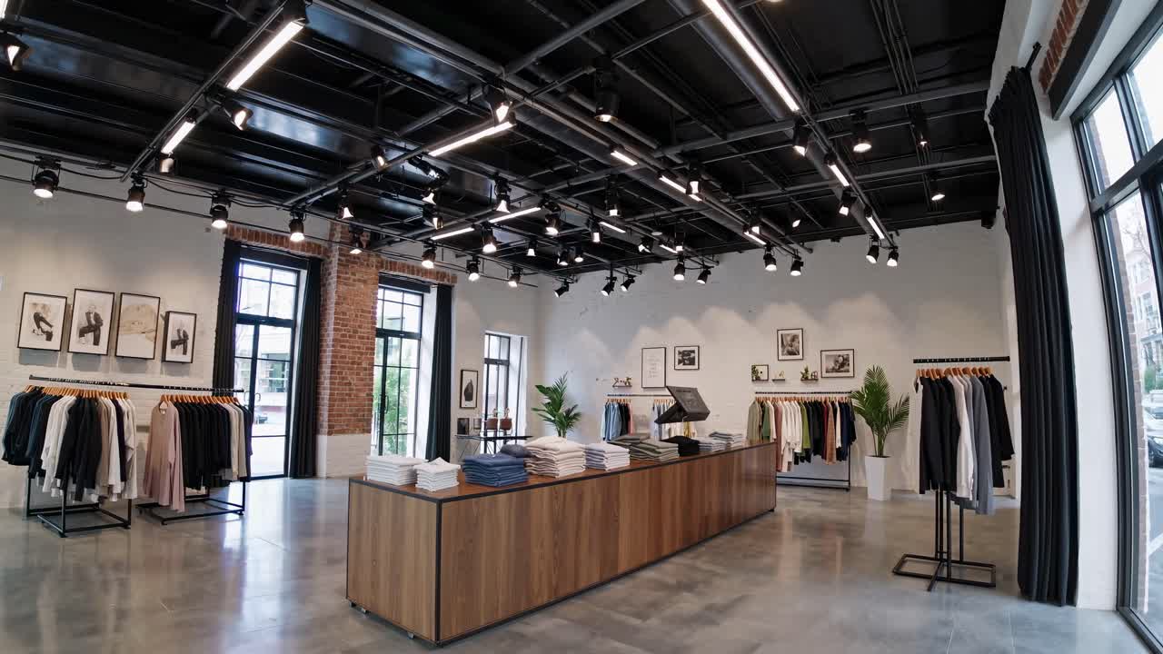 Wide-angle video captures a modern clothing store interior with industrial style, showcasing racks