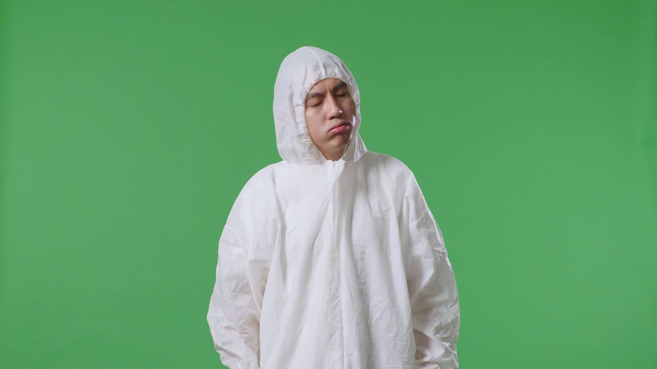 녹색 스크린 배경 에 서 있는 동안 두통 을 겪는 아시아 남성 과학자