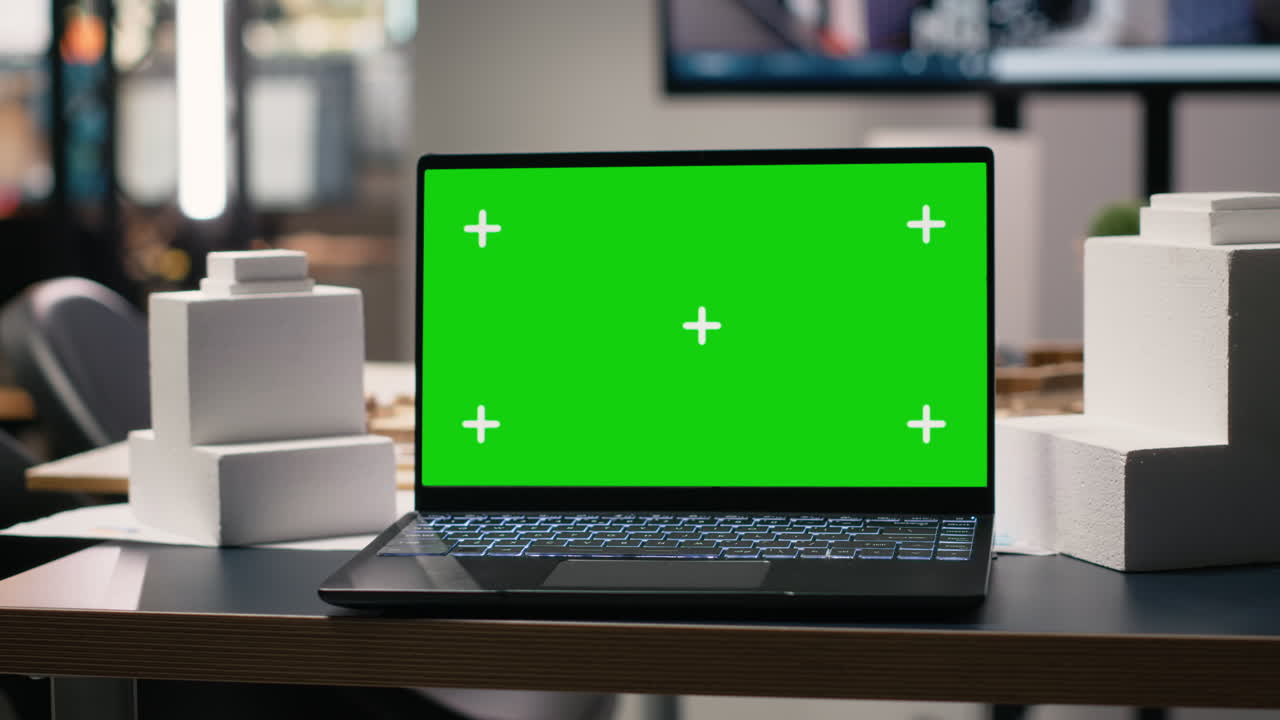 Corporate innovation hub featuring empty office and mockup on screen