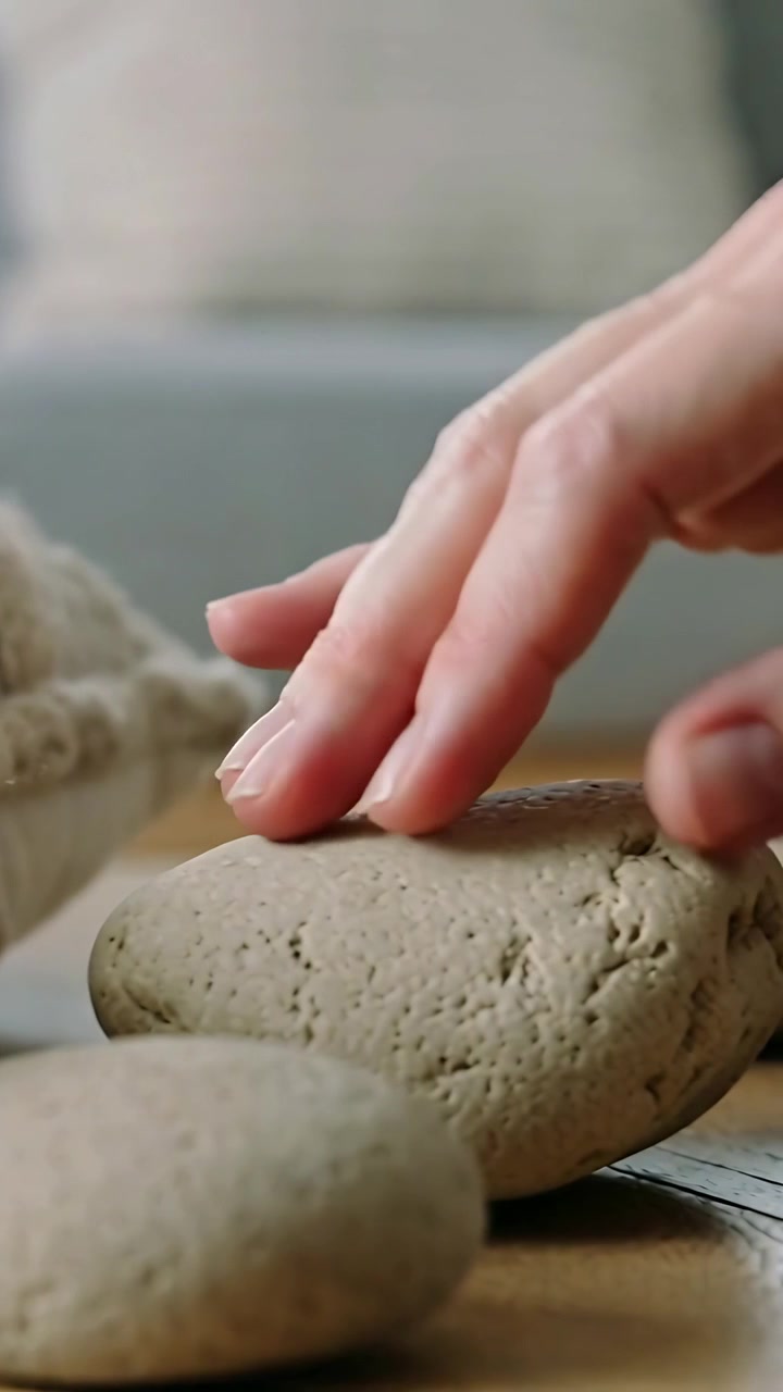 Vertical video: Grazing pillow edge starting hand sliding fingers on table at home arranging stones