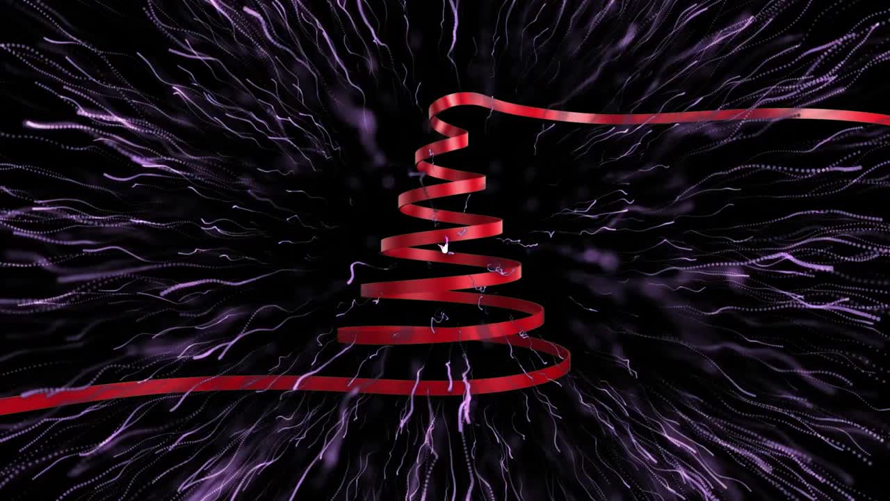 Animação de linha vermelha formando o formato de árvore de Natal e fogos de artifício em fundo preto.