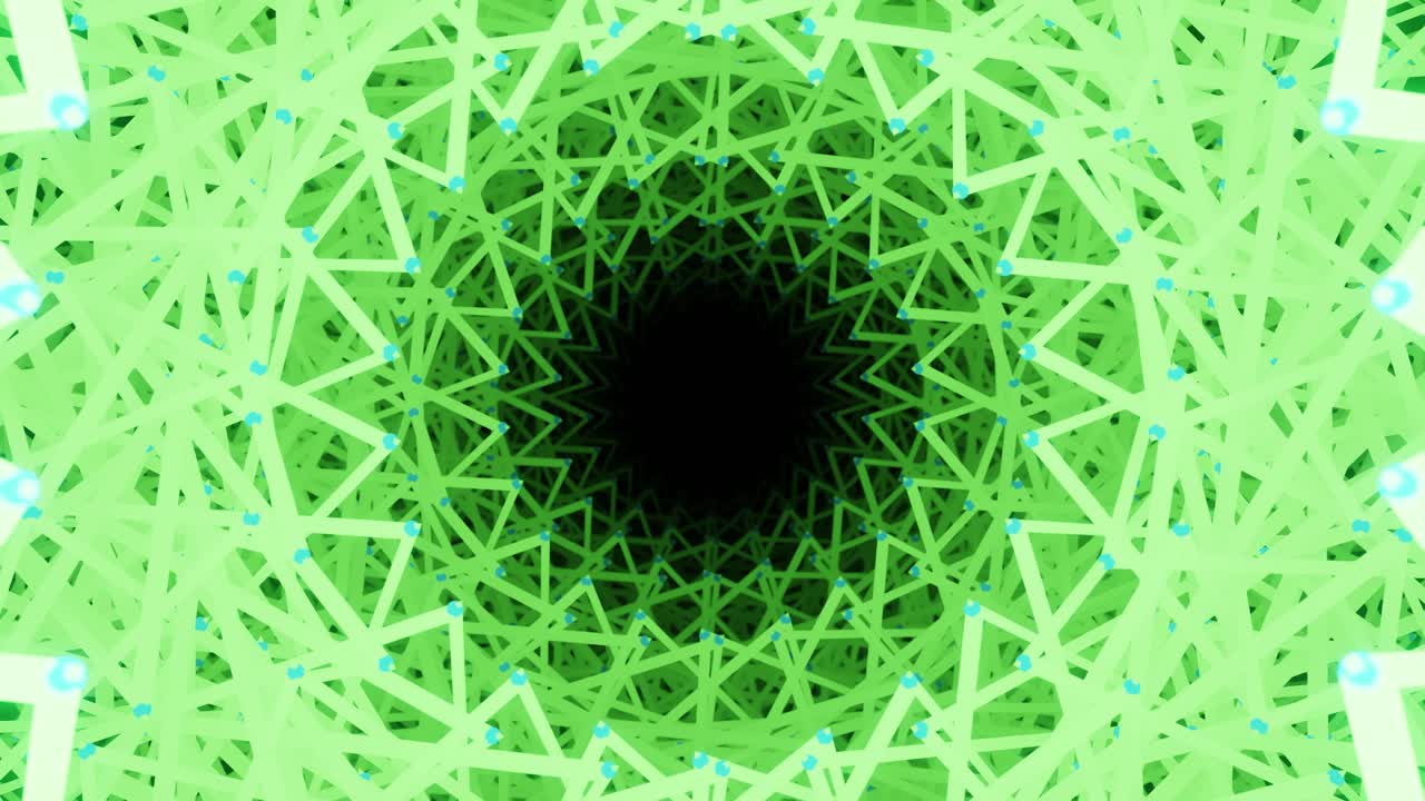 3D rendering of green kaleidoscopic patterns moving in loop