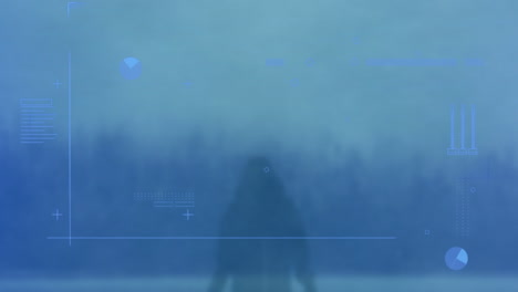 animation of interface with data processing over rear view of man standing against cityscape