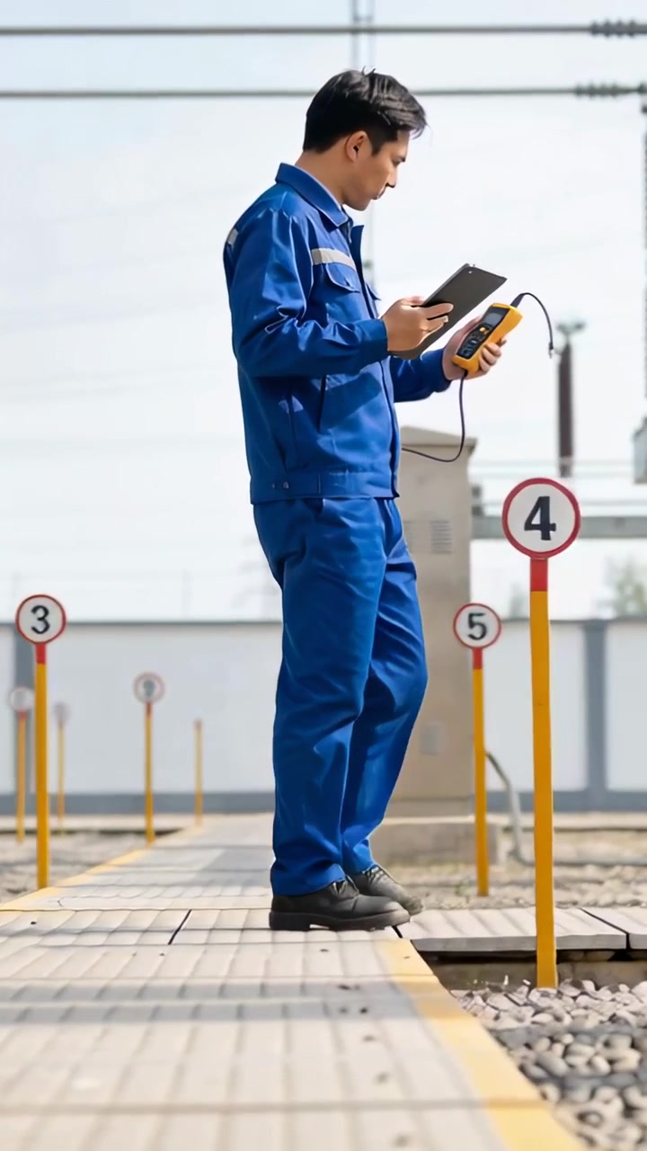 Vertical video: Stepping onto walkway at substation tech in blue gear logging meter data on tablet