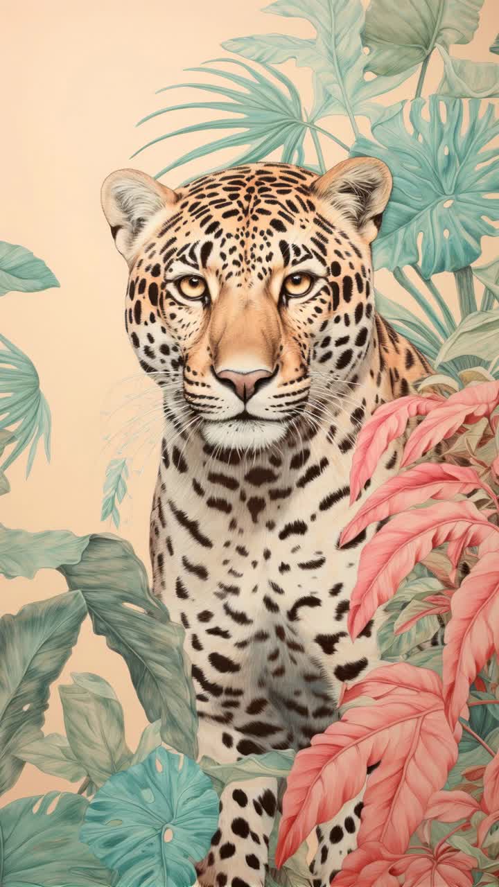A front-facing video concept of a leopard surrounded by tropical leaves