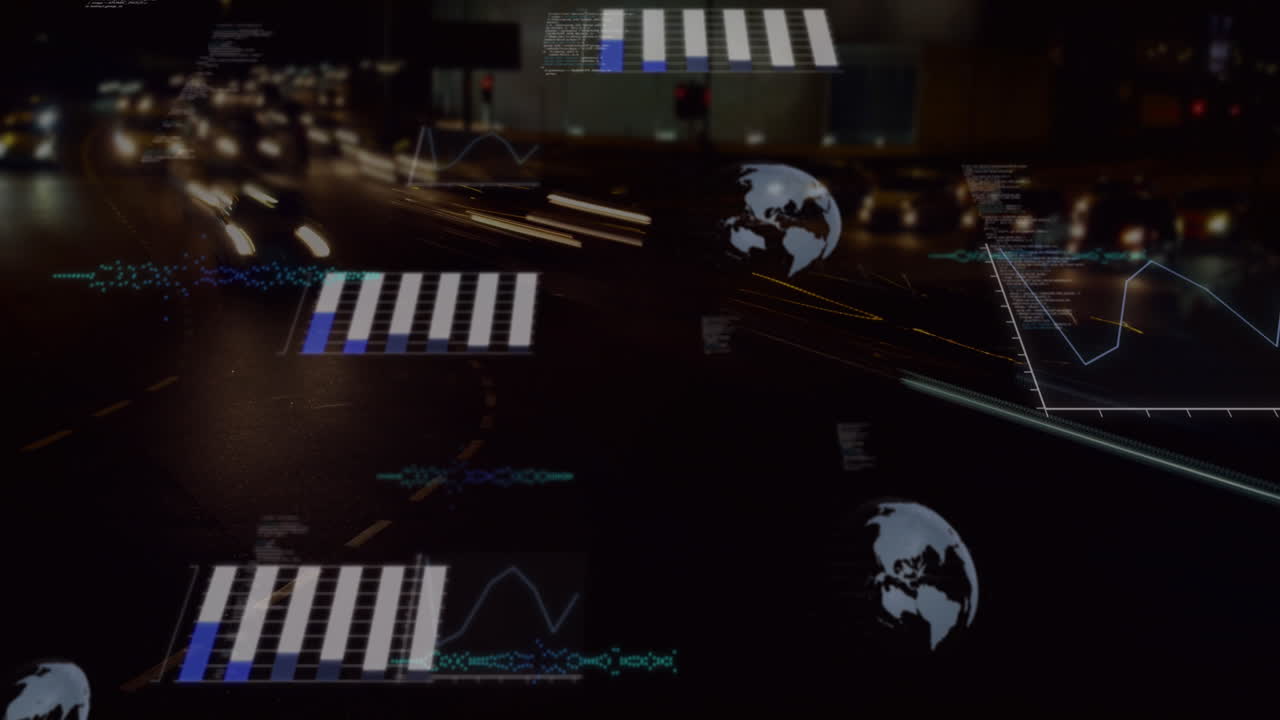 animación de globos y procesamiento de datos financieros sobre el paisaje urbano