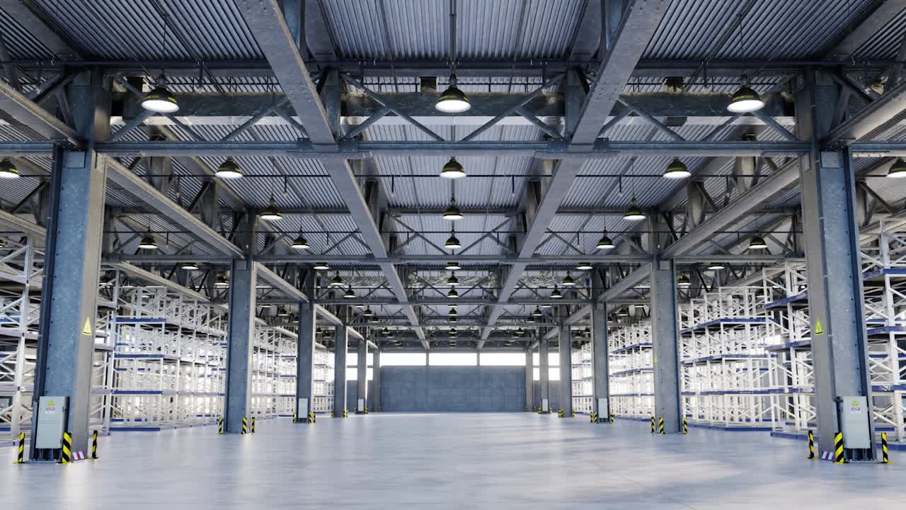 Empty shelves in modern storehouse 3d animation render