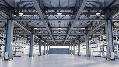 empty shelves in modern storehouse 3d animation render