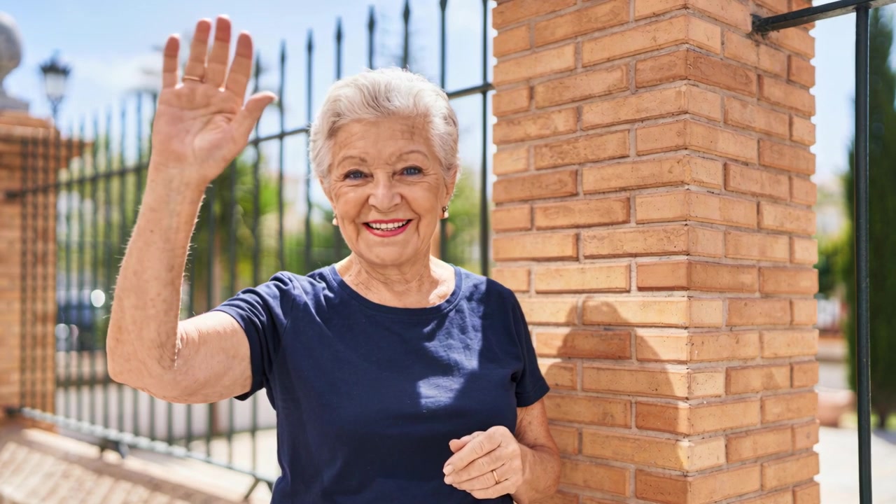 Vedendo la telecamera, una donna anziana alza il braccio destro, accogliendo all'ingresso vicino a un pilastro, indossando una maglietta blu navy.