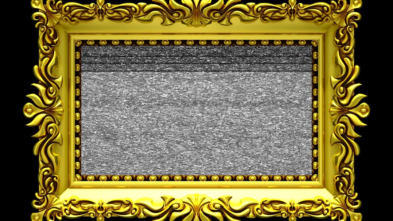 la cámara hace zoom en el marco de la imagen dorada sobre un fondo negro. el ruido de la televisión y la tecla de croma verde se reproducen en la pantalla. animación 3d.