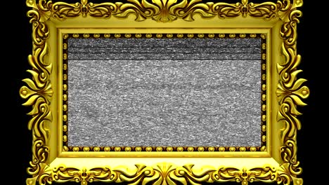 la cámara hace zoom en el marco de la imagen dorada sobre un fondo negro. el ruido de la televisión y la tecla de croma verde se reproducen en la pantalla. animación 3d.