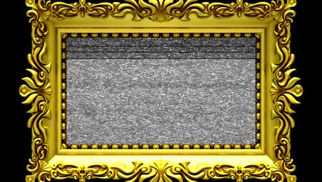 camera zoom into the gold picture frame on black background. tv noise and green chroma key plays on the screen. 3d animation.