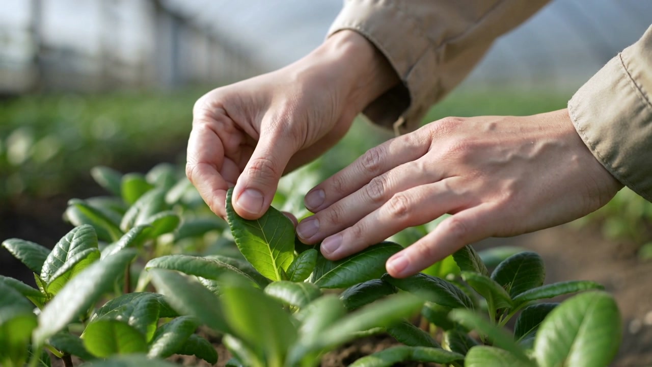 Approaching grower hands pinching and turning seedling in greenhouse, checking health, tan sleeves