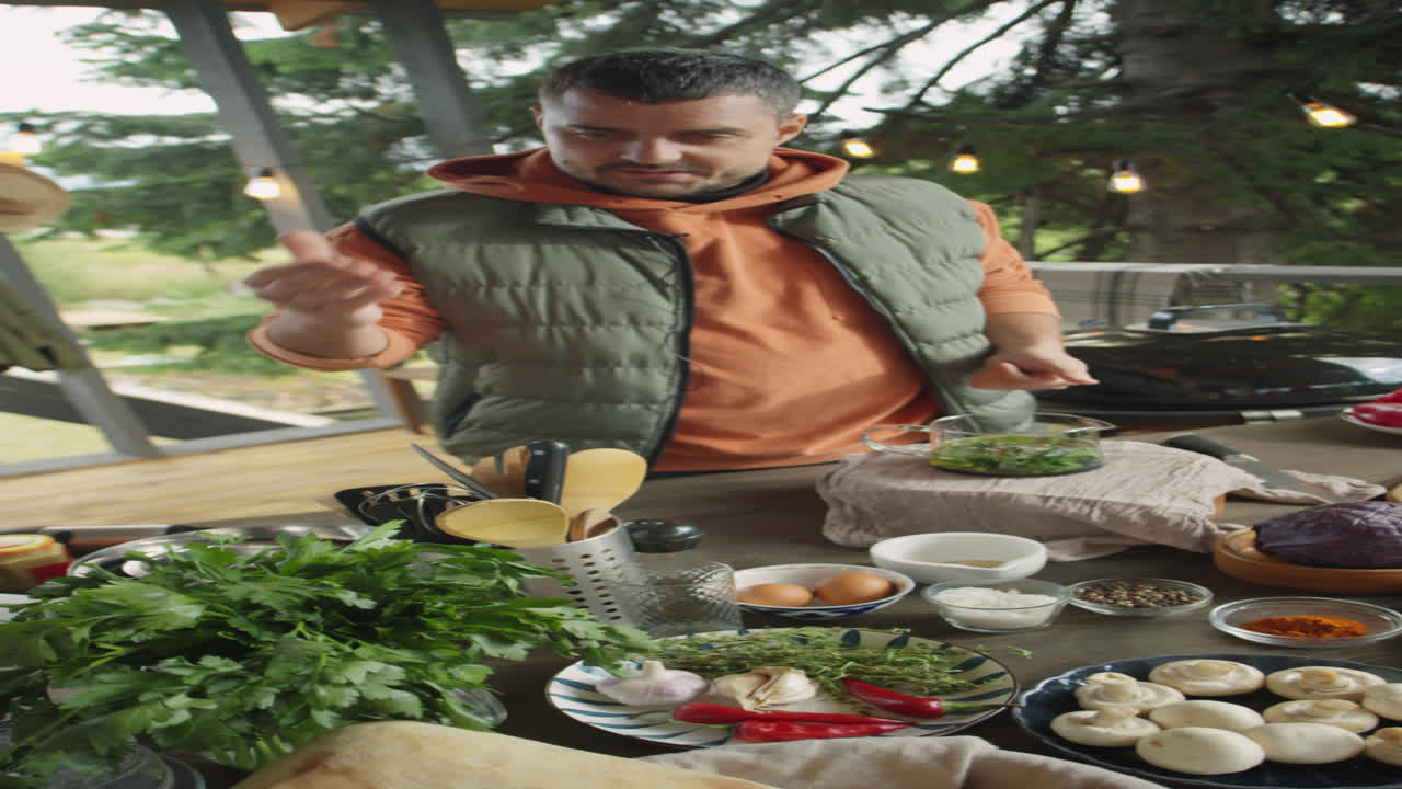 Food Blogger Telling Recipe on Camera on Outdoor Terrace