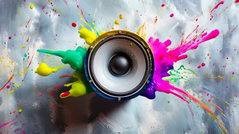 un altavoz con salpicaduras de pintura de colores saliendo de él