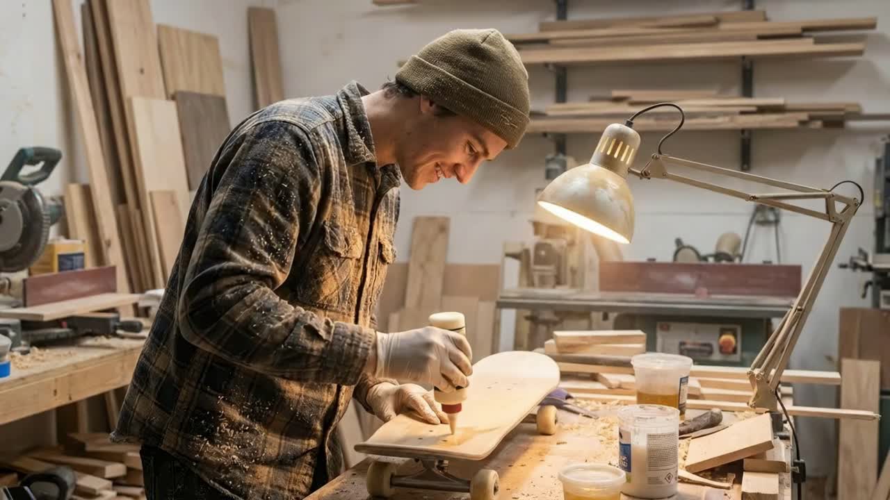 Řemeslník lepí skateboardovou desku v dílně