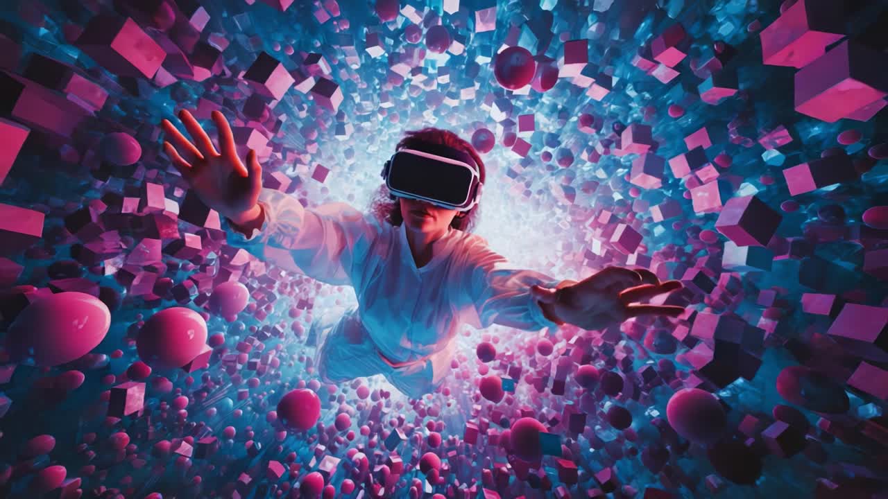 Immersive Virtual Reality Experience: A Journey Through a Surreal World of Floating Shapes, Colors, and Dimensions in a Captivating and Futuristic Digital Landscape
