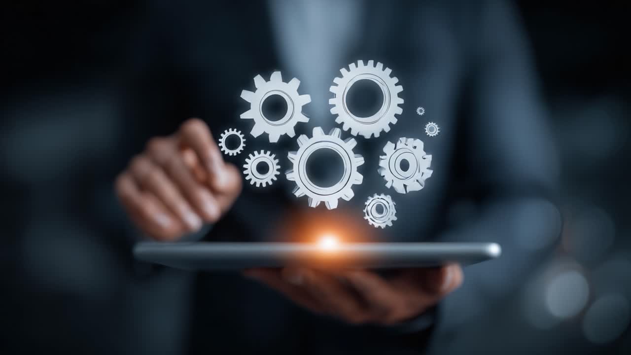 Innovative Technology at Work: A Professional Engages with a Digital Device, Overseeing Animated Gears Representing Automation and Process Management in Modern Business