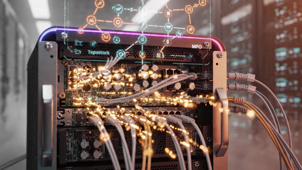 Advanced Network Technology: Exploring Front and Back Views of a Modern Data Center Server Rack with High-Speed Connections and Network Topology Visualization.