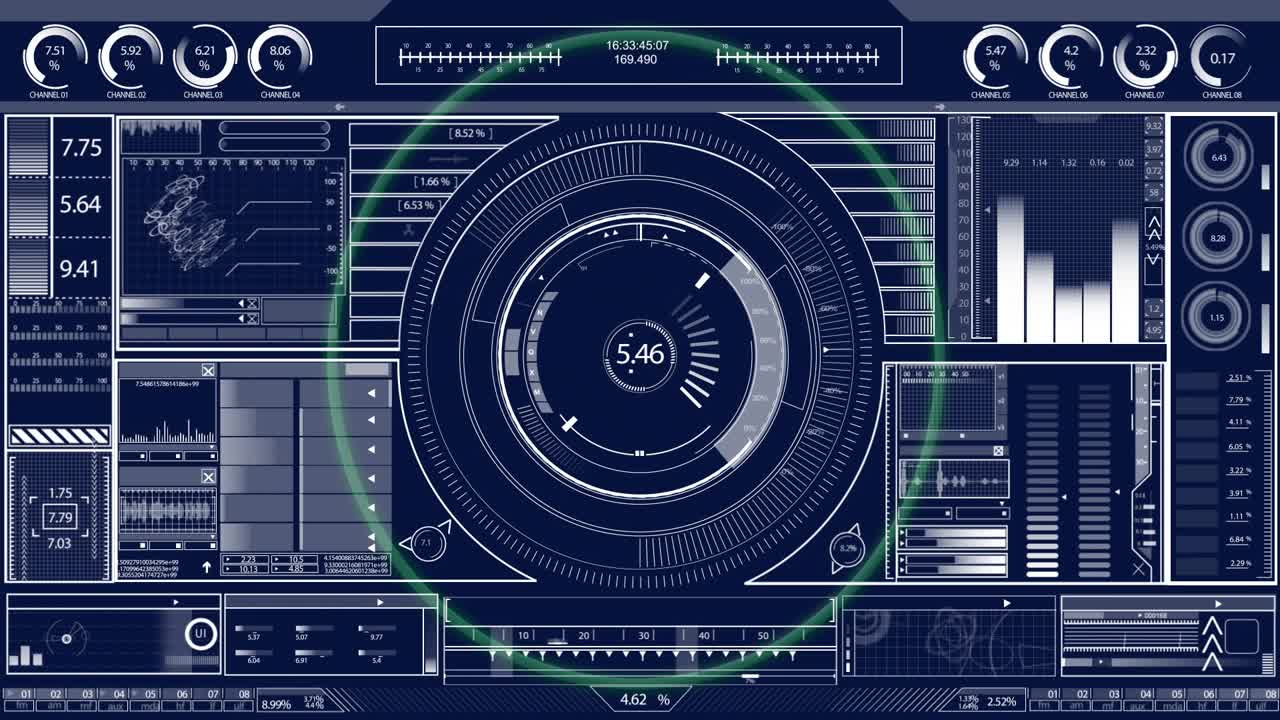 Green scan beam powering up central gauge and syncing charts while monitoring live console data