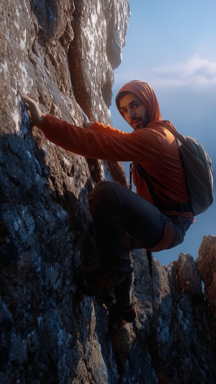 Um alpinista determinado escala uma face rochosa acidentada, exibindo sua resiliência e habilidade ao ar livre, equipado com equipamento e vestuário de escalada