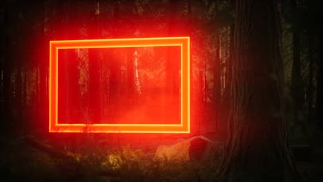 Neon-glowing-rectangle-frame-in-the-night-forest