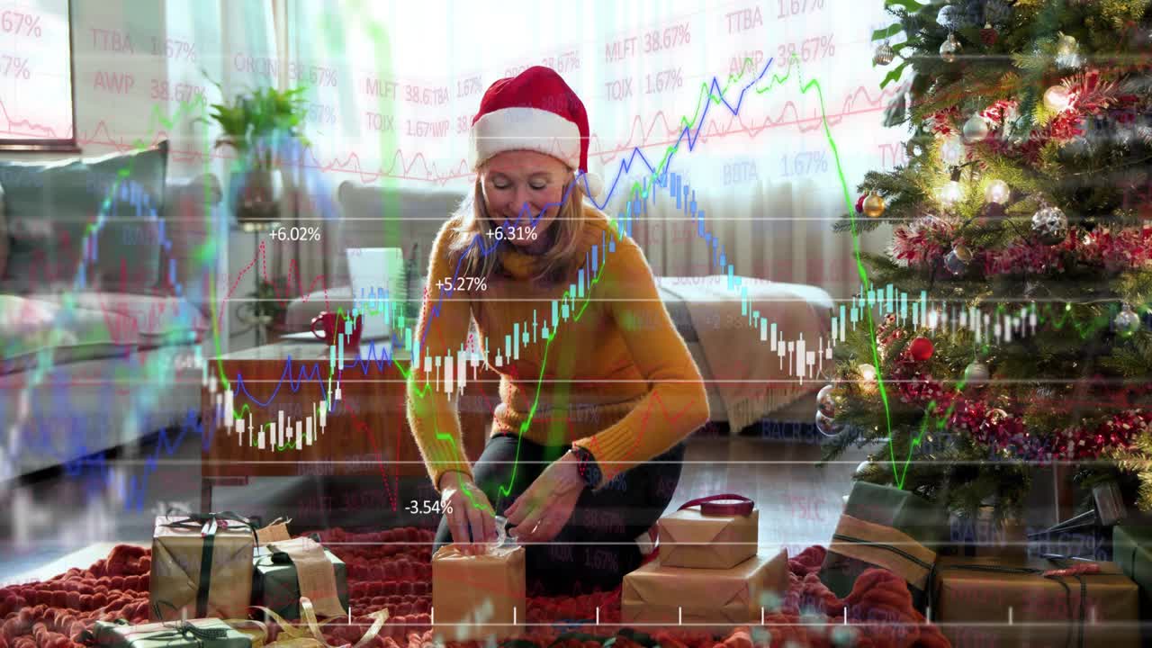 Woman kneeling reaching for box, wrapping gifts for holiday while finance charts moving over hands