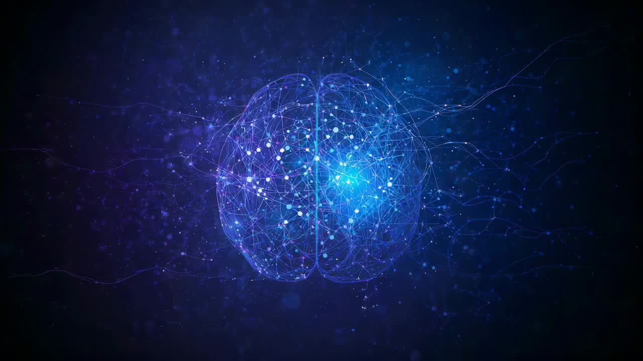 Morphing 3D wireframe brain splitting into halves in space pulsing light lighting neural filaments