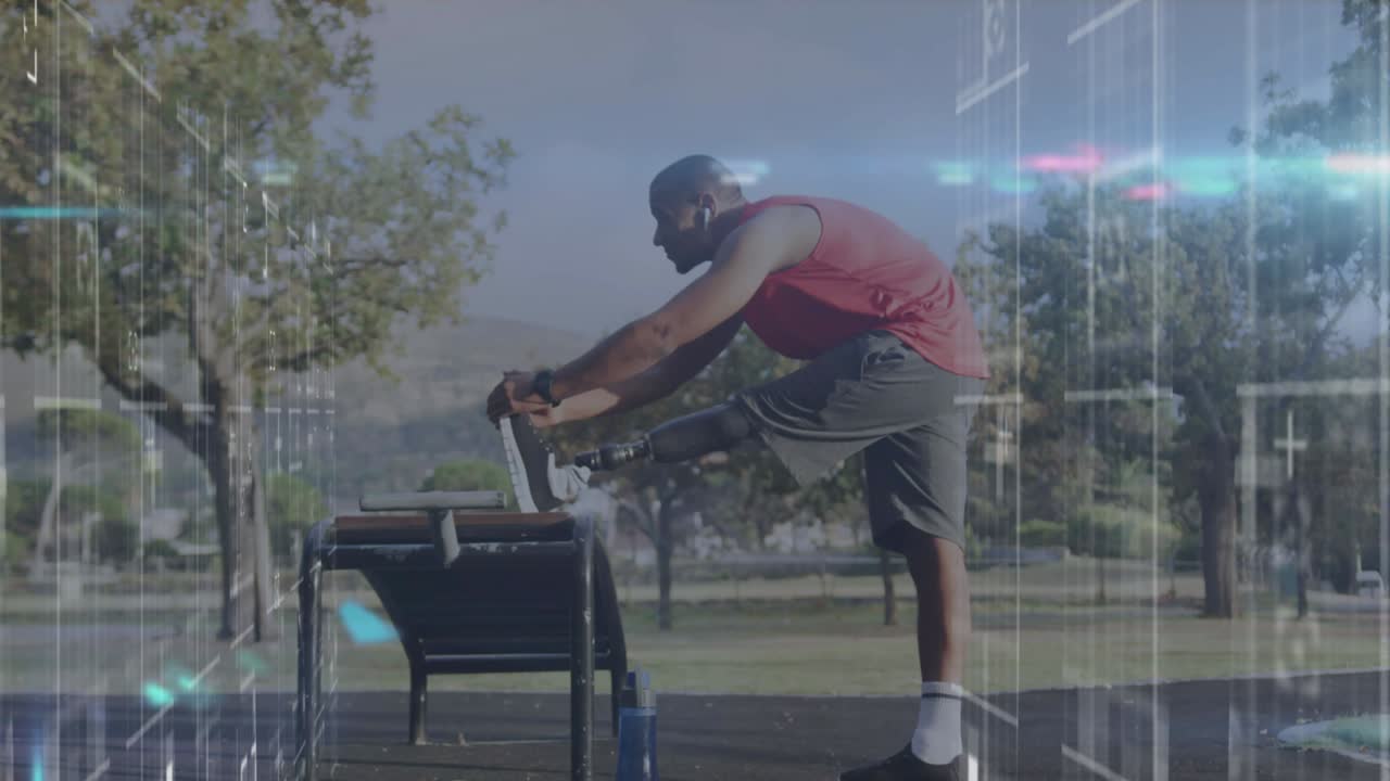 Animation of processing data over male athlete with prosthetic leg exercising outdoors