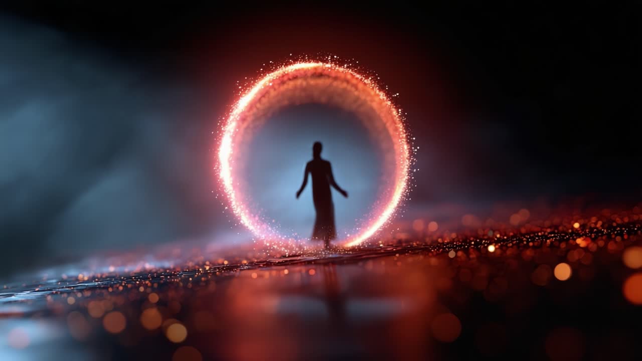 Una figura misteriosa è in piedi davanti a un portale circolare luminoso, circondata da particelle scintillanti e un ambiente oscuro e suggestivo che evoca meraviglia e curiosità