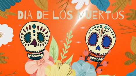 animation of dia de los muertos over decorative skulls on orange background with flowers